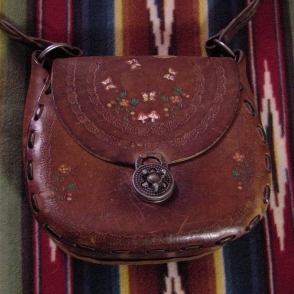 Vtg 70's Hand Tooled Hippie Floral Leather Bag Purse